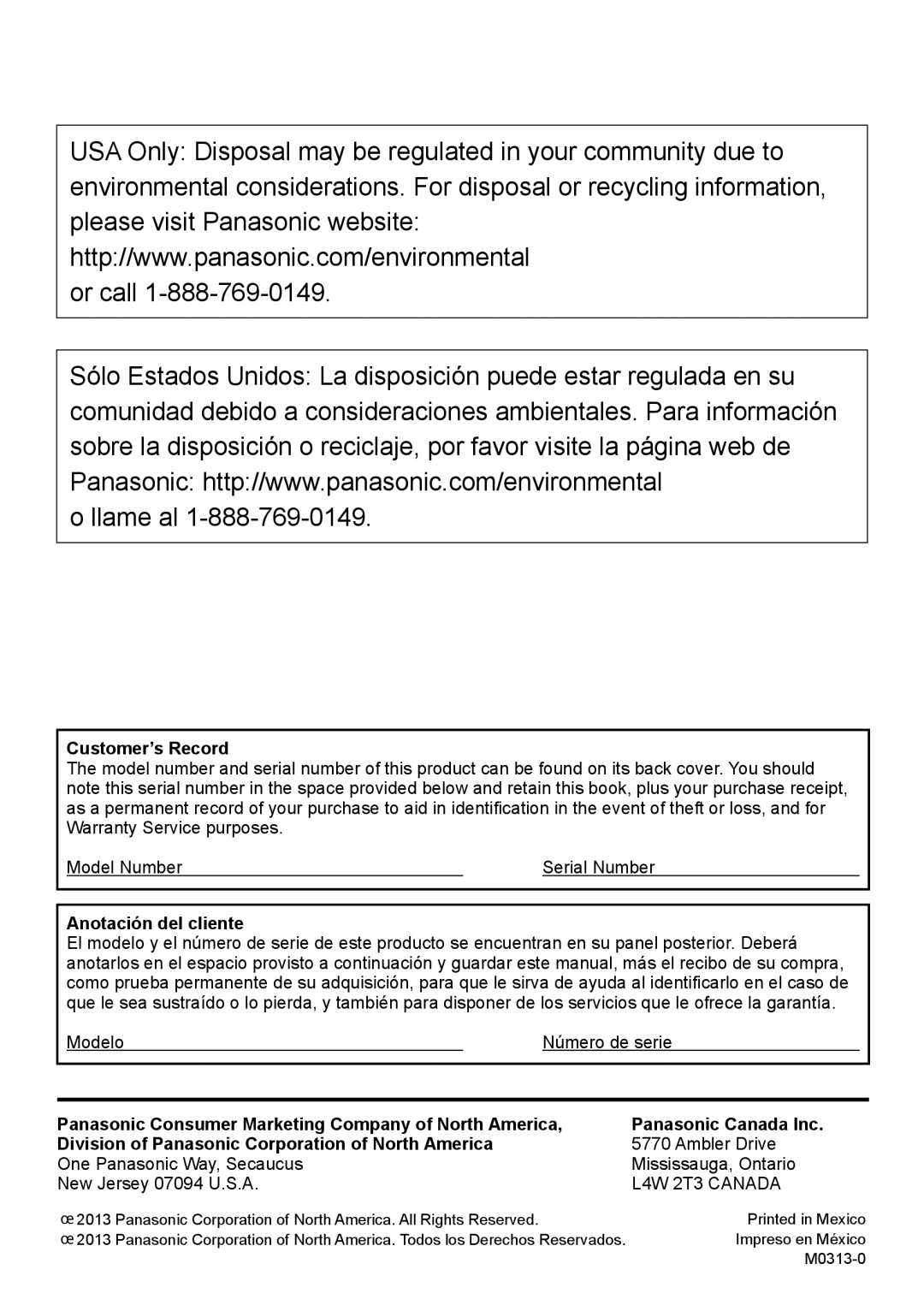 Panasonic TC-50LE64, TC-58LE64 owner manual Customer’s Record, Anotación del cliente 