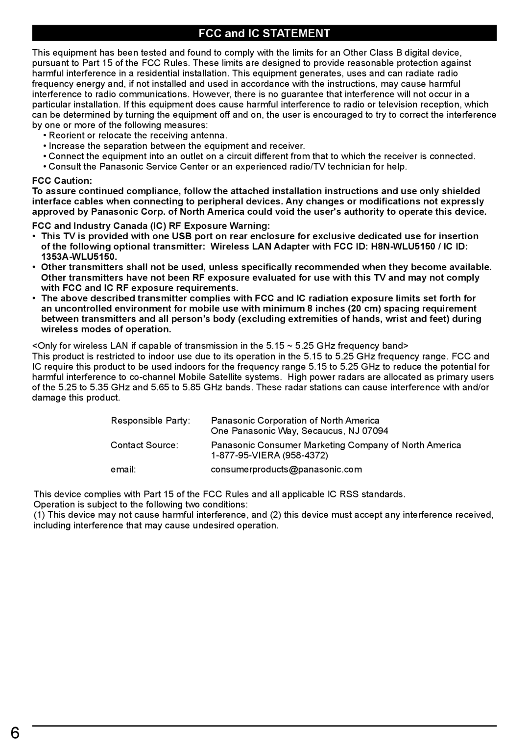 Panasonic TC-50LE64, TC-58LE64 owner manual FCC and IC Statement, FCC Caution 