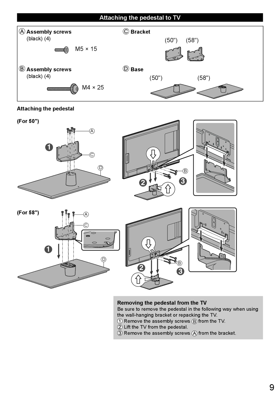 Panasonic TC-58LE64, TC-50LE64 owner manual Attaching the pedestal to TV, Bracket, Base 