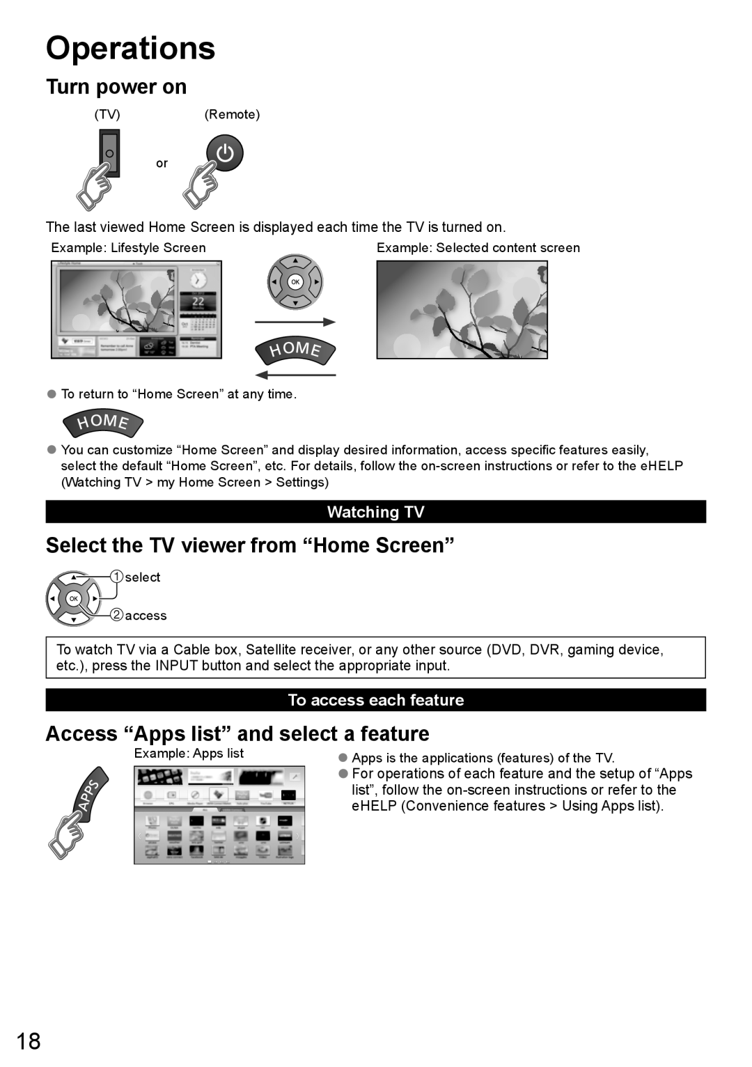 Panasonic TC-50LE64, TC-58LE64 owner manual Operations, Turn power on, Select the TV viewer from “Home Screen”, Watching TV 