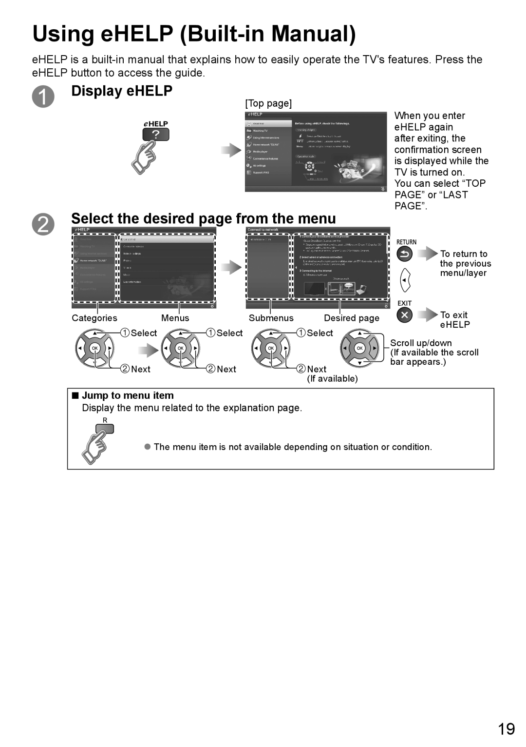 Panasonic TC-58LE64 Using eHELP Built-in Manual, Display eHELP, Select the desired page from the menu, Jump to menu item 