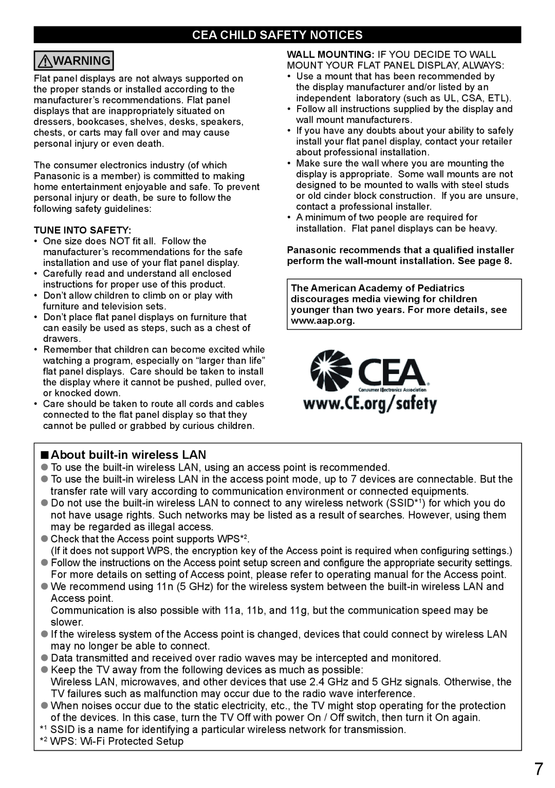 Panasonic TC-58LE64, TC-50LE64 owner manual Cea Child Safety Notices, About built-in wireless LAN 