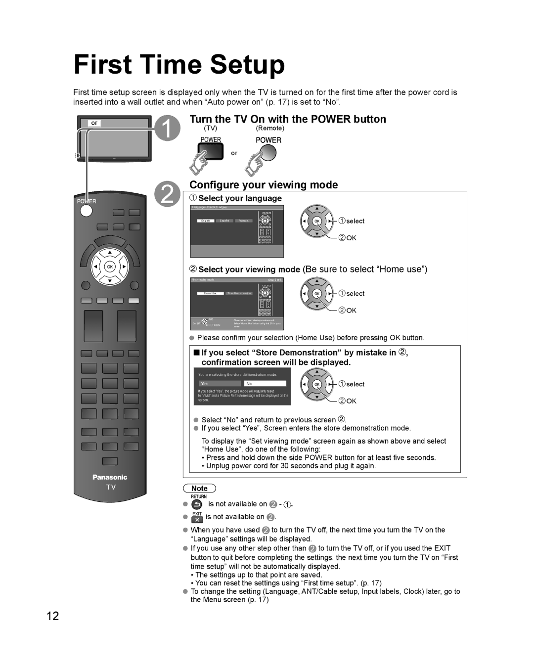 Panasonic TC-50PS24 warranty First Time Setup, Turn the TV On with the Power button, Configure your viewing mode 