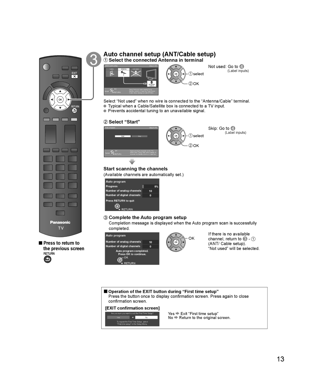 Panasonic TC-50PS24 warranty Auto channel setup ANT/Cable setup, Select the connected Antenna in terminal, Select Start 