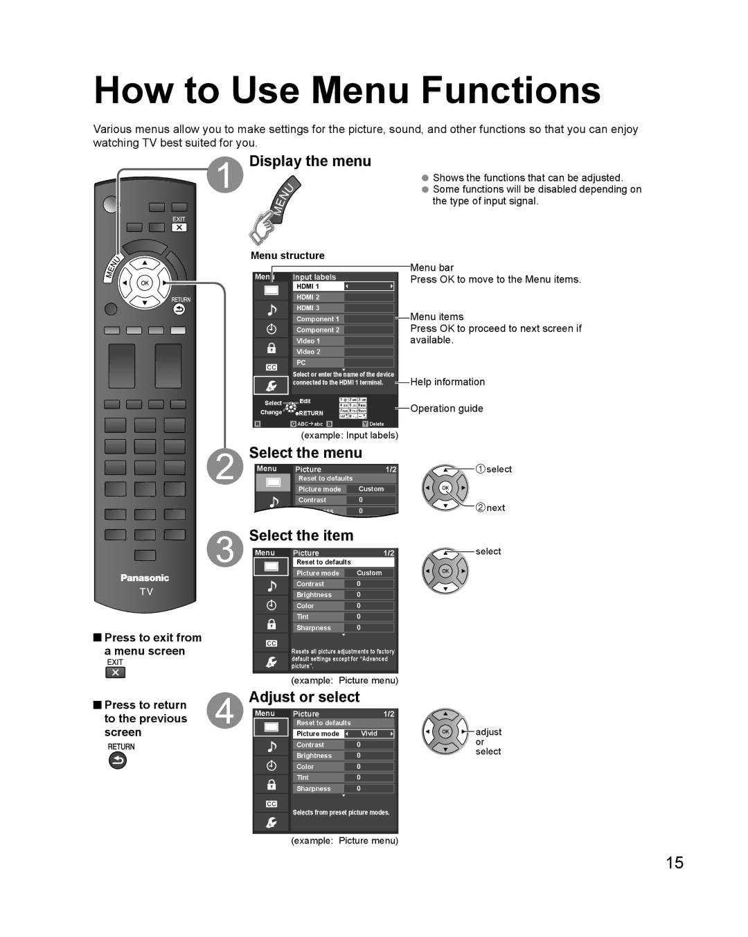 Panasonic TC-50PS24 warranty How to Use Menu Functions, Display the menu, Select the menu, Select the item 