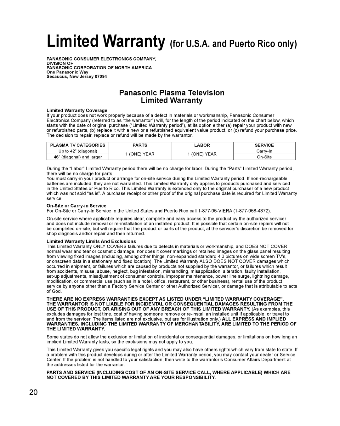 Panasonic TC-50PS24 warranty Limited Warranty Coverage, On-Site or Carry-in Service, Limited Warranty Limits And Exclusions 