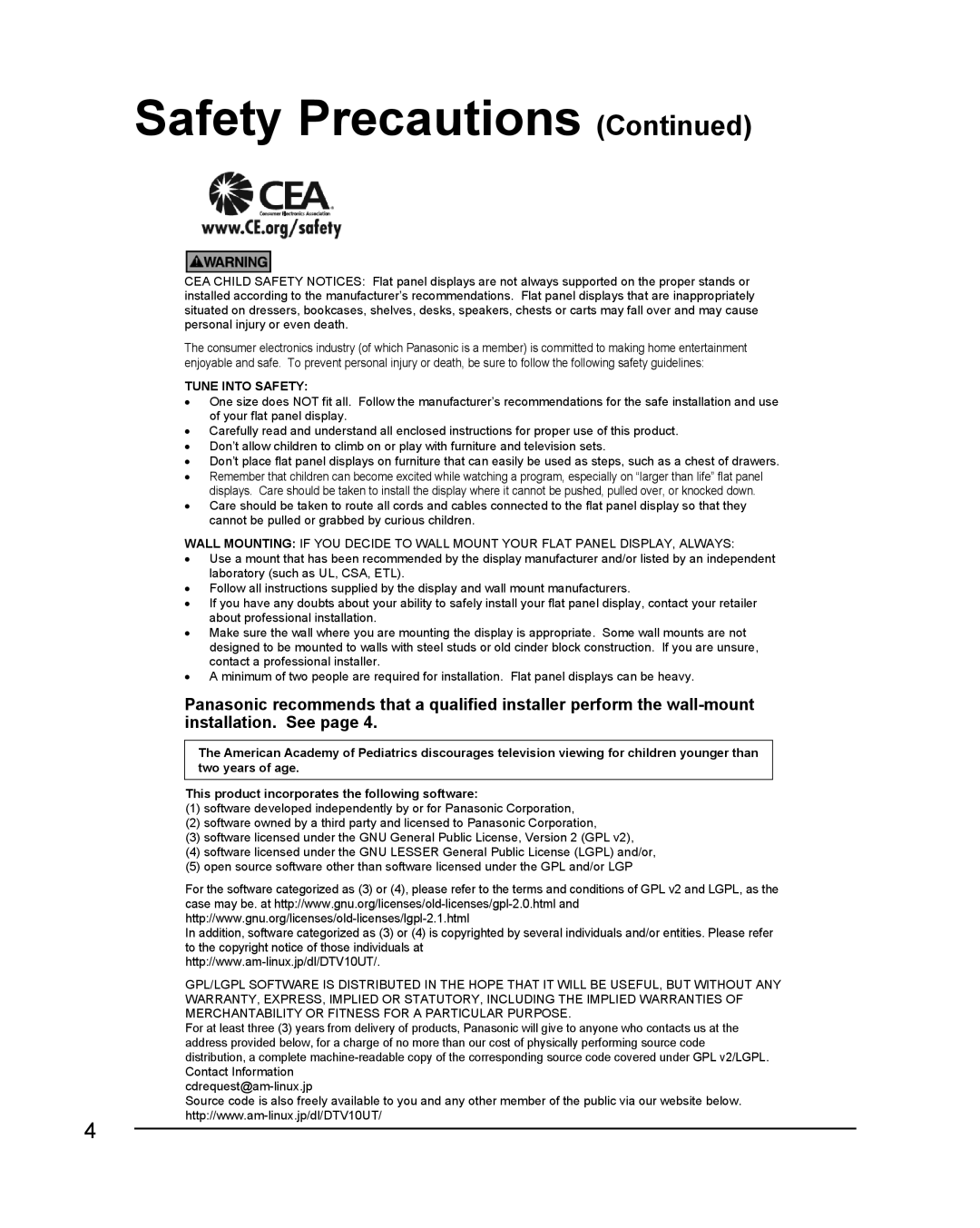 Panasonic TC-50PS24 warranty Tune Into Safety 