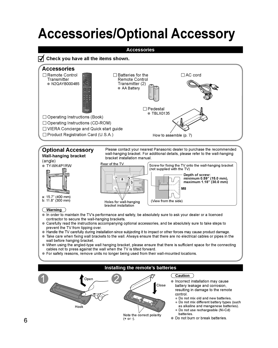 Panasonic TC-50PS24 warranty Accessories/Optional Accessory, Installing the remote’s batteries 