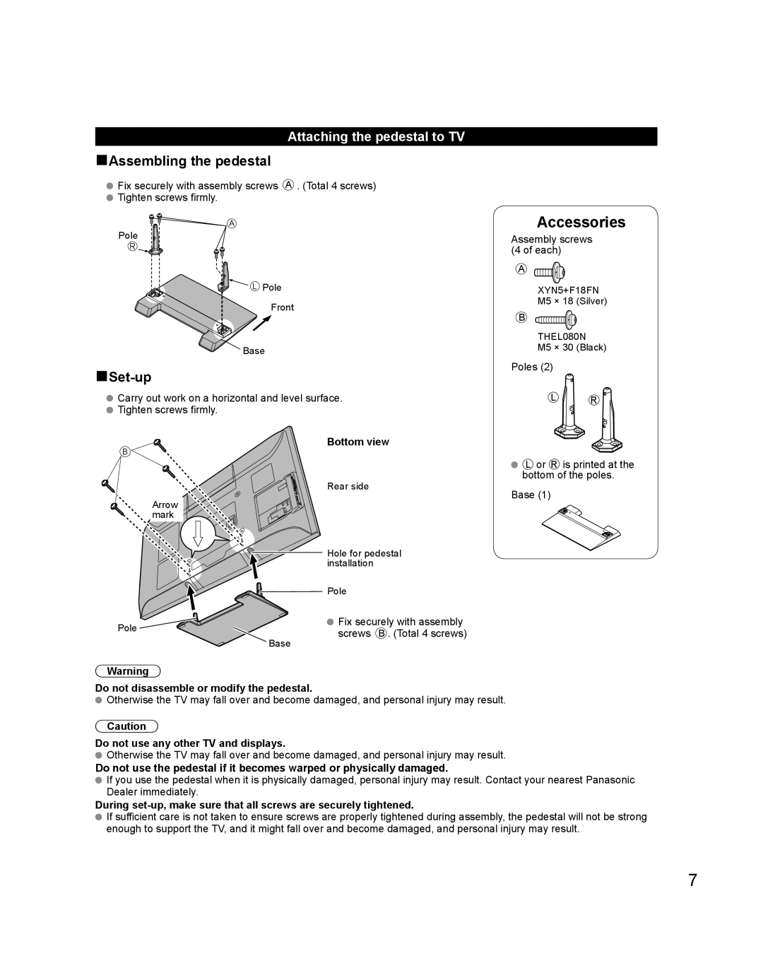 Panasonic TC-50PS24 warranty Attaching the pedestal to TV, Bottom view, Do not disassemble or modify the pedestal 