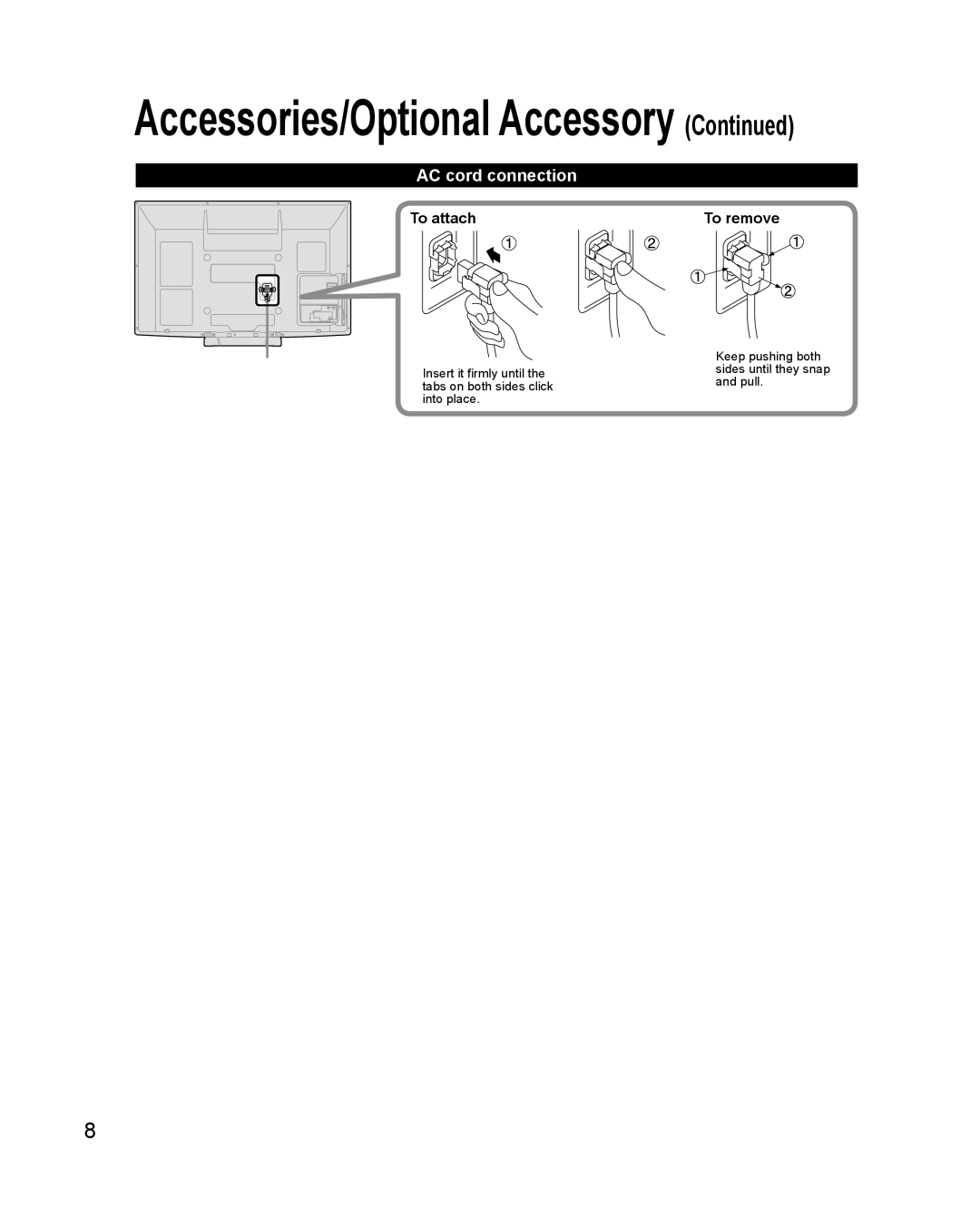 Panasonic TC-50PS24 warranty AC cord connection, To attach, To remove 