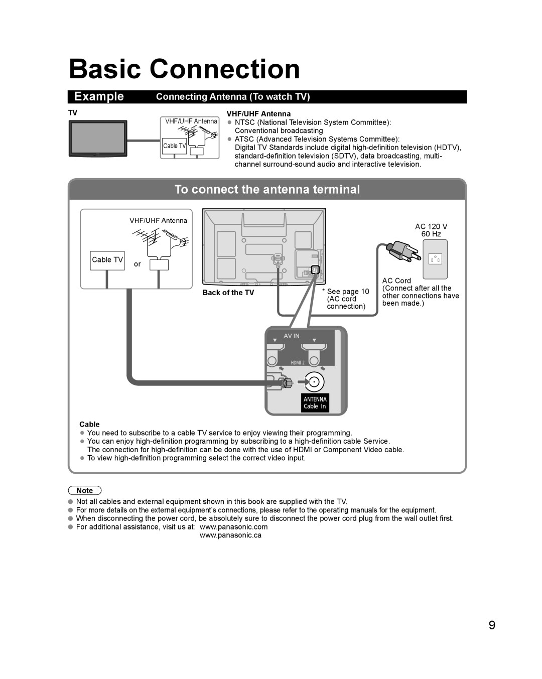 Panasonic TC-50PS24 warranty Basic Connection, Connecting Antenna To watch TV, VHF/UHF Antenna, Back of the TV, Cable 