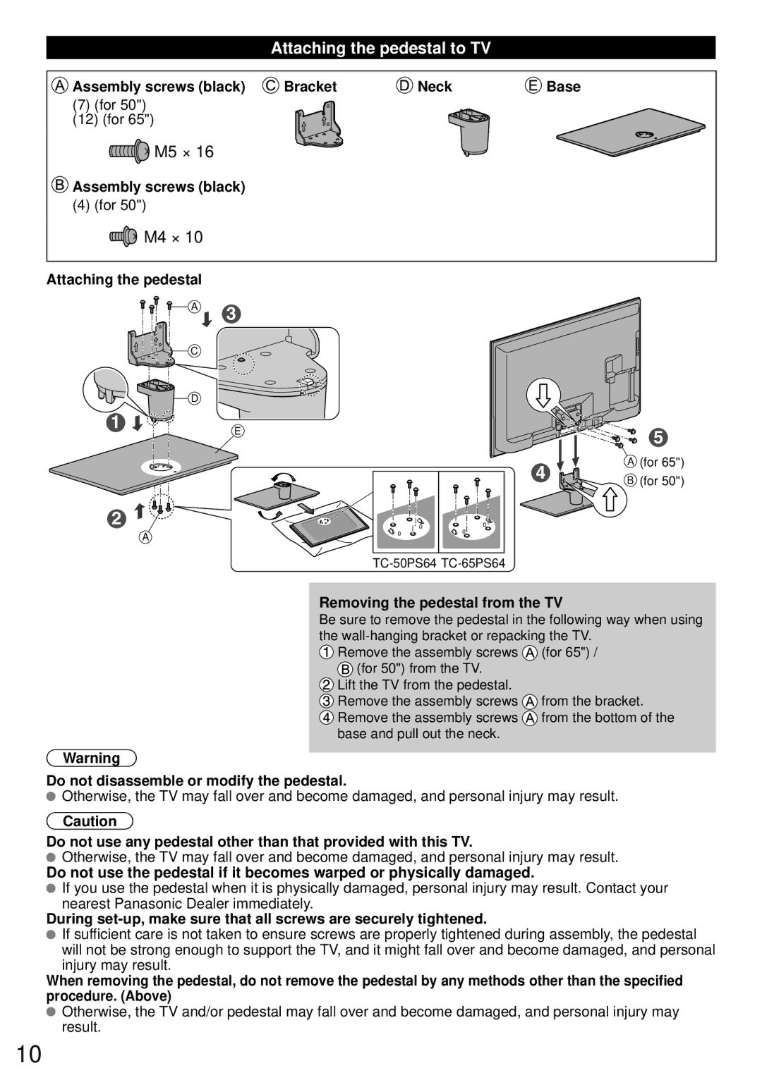 Panasonic TC-50PS64, TC-65PS64 owner manual Attaching the pedestal to TV 