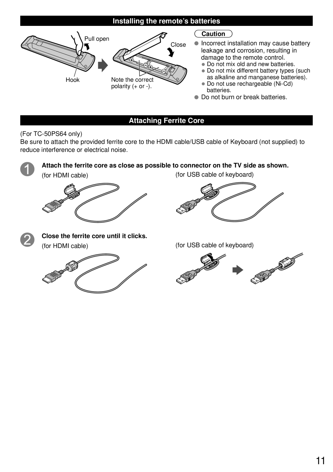 Panasonic TC-65PS64 Installing the remote’s batteries, Attaching Ferrite Core, Close the ferrite core until it clicks 