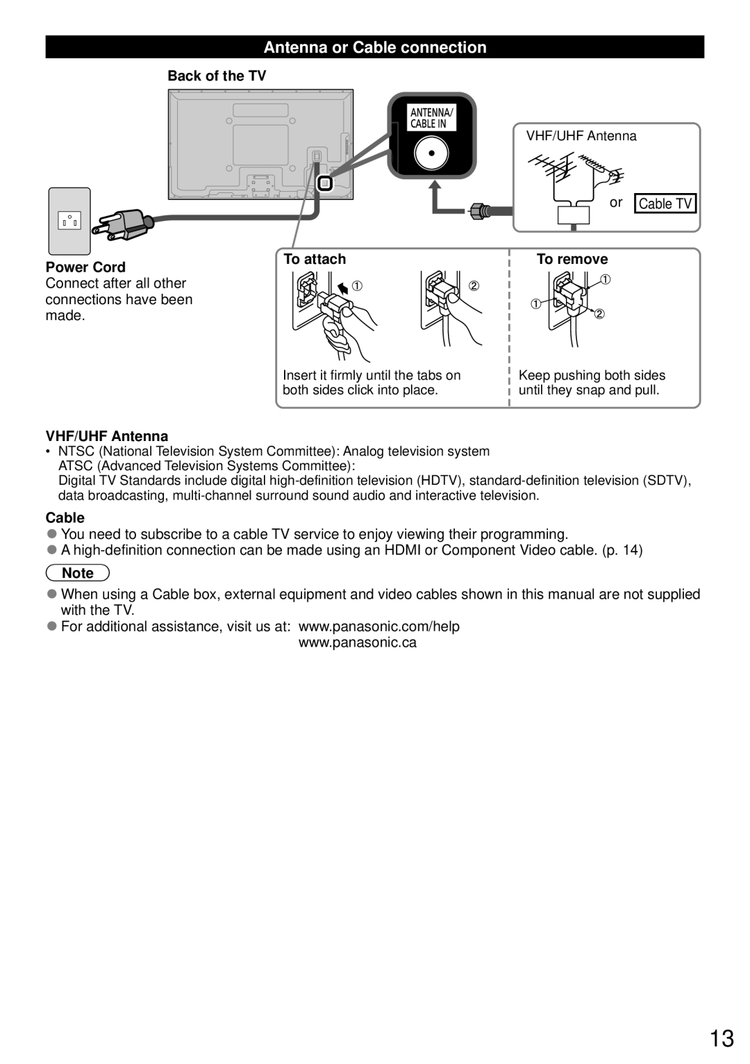 Panasonic TC-65PS64, TC-50PS64 owner manual Antenna or Cable connection, To attach, VHF/UHF Antenna 