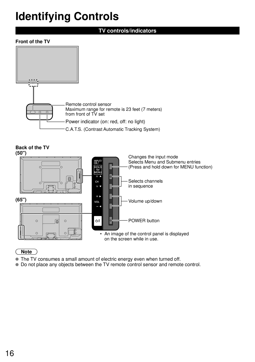 Panasonic TC-50PS64, TC-65PS64 owner manual Identifying Controls, TV controls/indicators, Front of the TV 