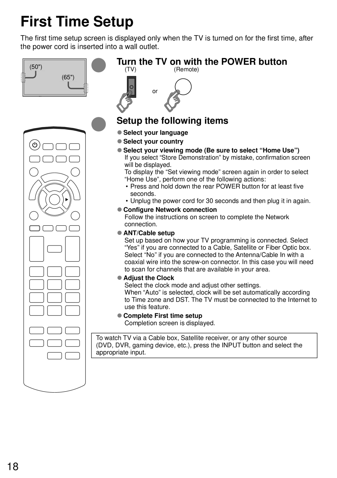 Panasonic TC-50PS64, TC-65PS64 owner manual First Time Setup 