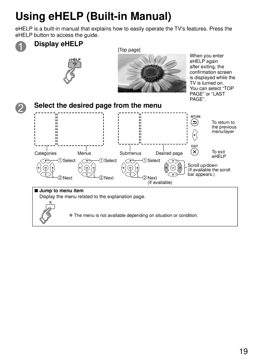 Panasonic TC-65PS64, TC-50PS64 owner manual Using eHELP Built-in Manual, Jump to menu item 