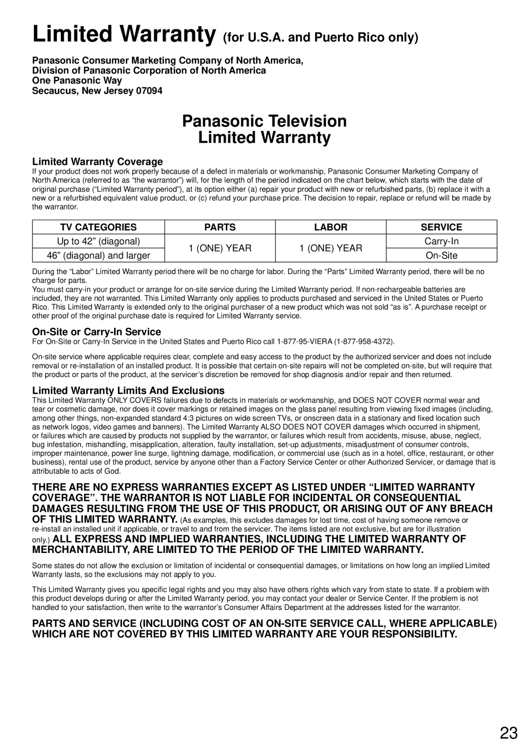 Panasonic TC-65PS64 Limited Warranty Coverage, On-Site or Carry-In Service, Limited Warranty Limits And Exclusions 