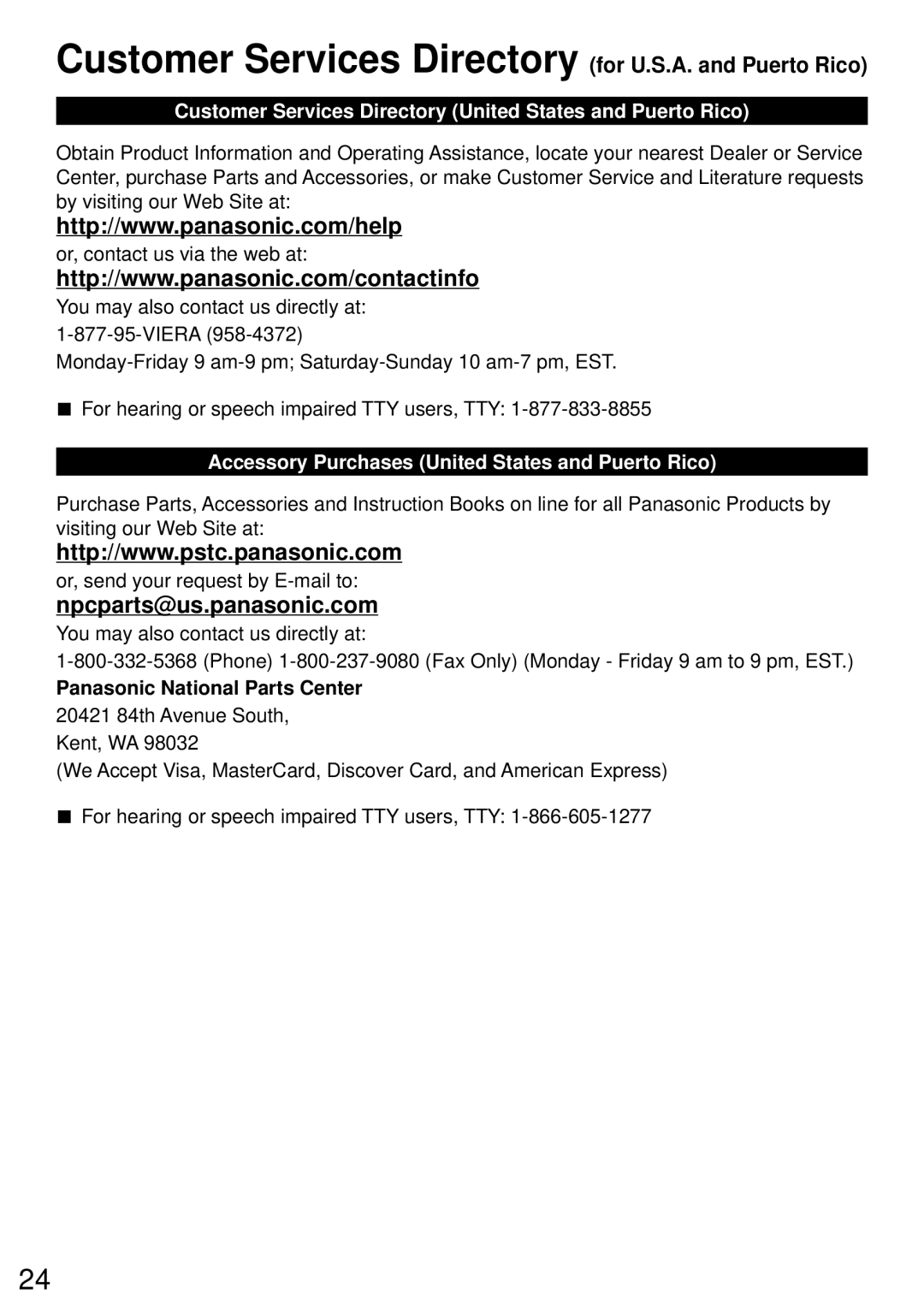 Panasonic TC-50PS64, TC-65PS64 Customer Services Directory for U.S.A. and Puerto Rico, Panasonic National Parts Center 