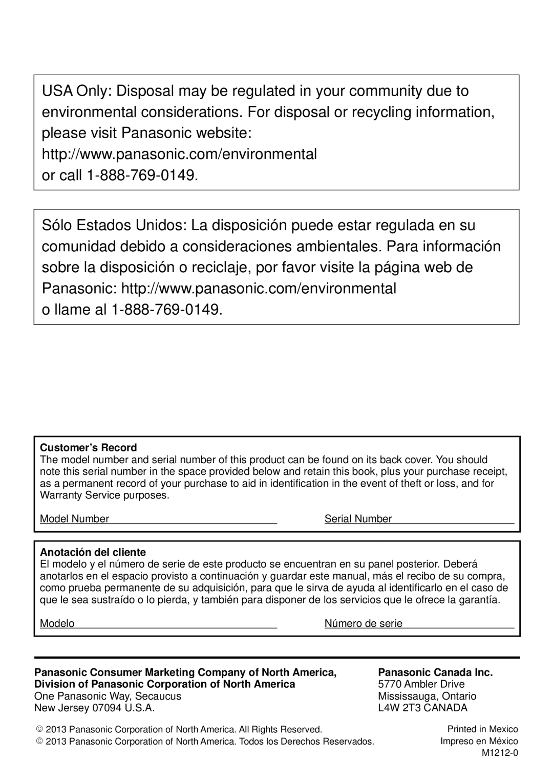 Panasonic TC-50PS64, TC-65PS64 owner manual Customer’s Record, Anotación del cliente 