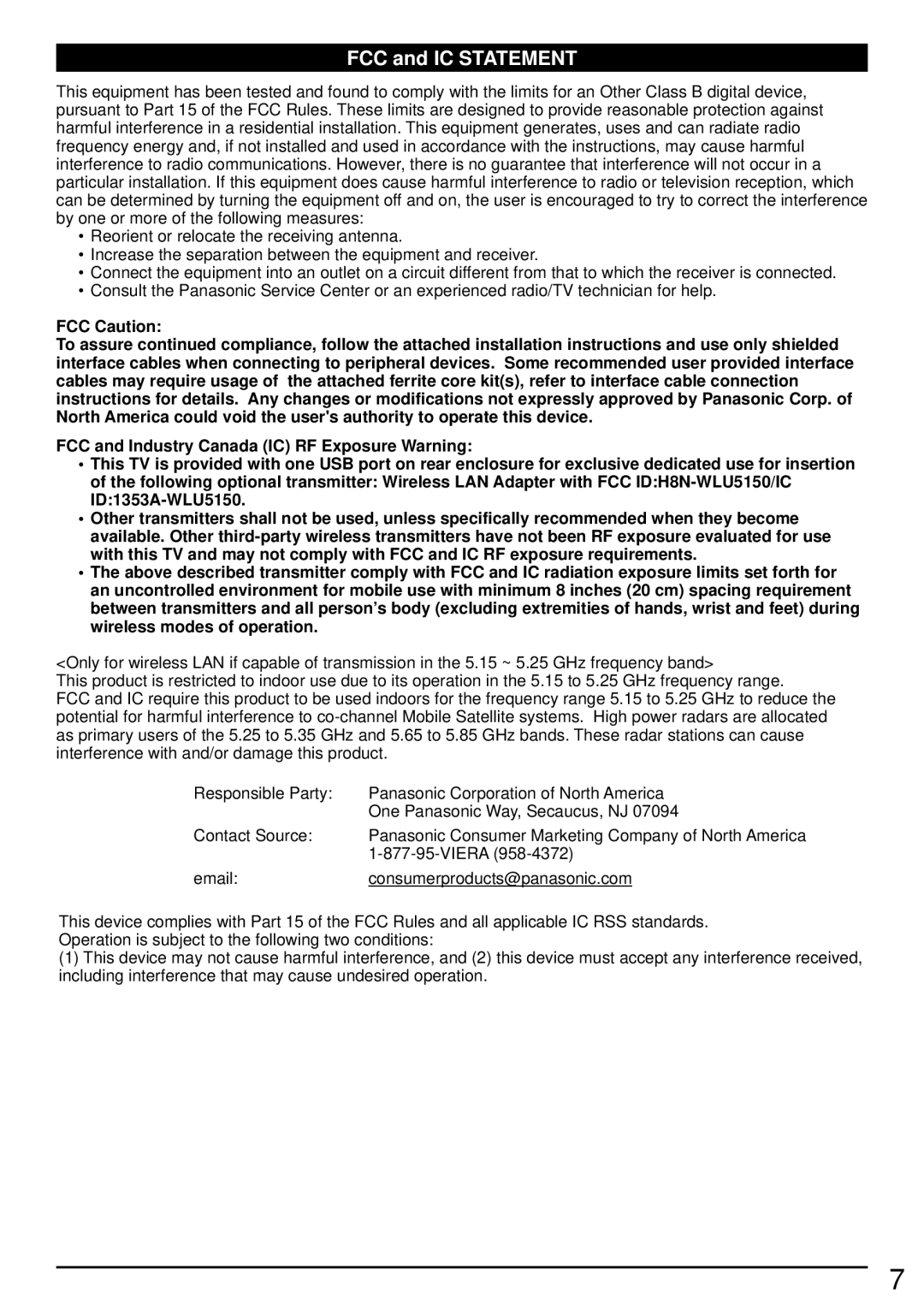 Panasonic TC-65PS64, TC-50PS64 owner manual FCC and IC Statement 