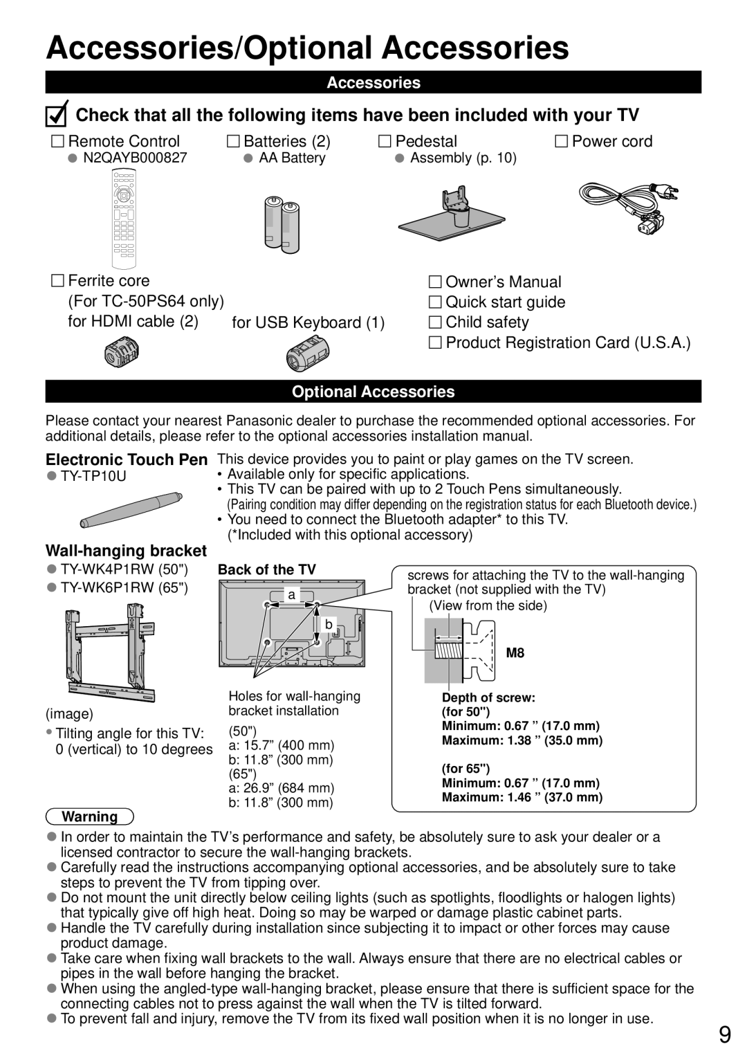 Panasonic TC-65PS64, TC-50PS64 owner manual Accessories/Optional Accessories, Wall-hanging bracket, Back of the TV 