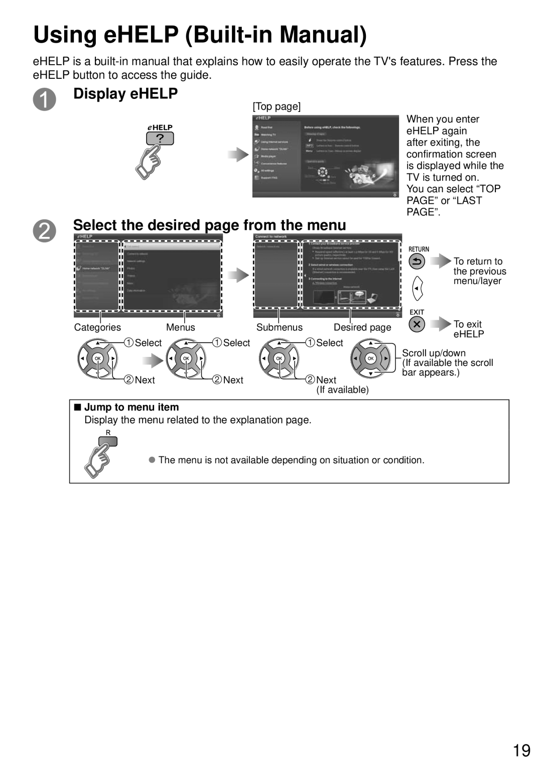 Panasonic TC-65PS64 Using eHELP Built-in Manual, Display eHELP, Select the desired page from the menu, Jump to menu item 