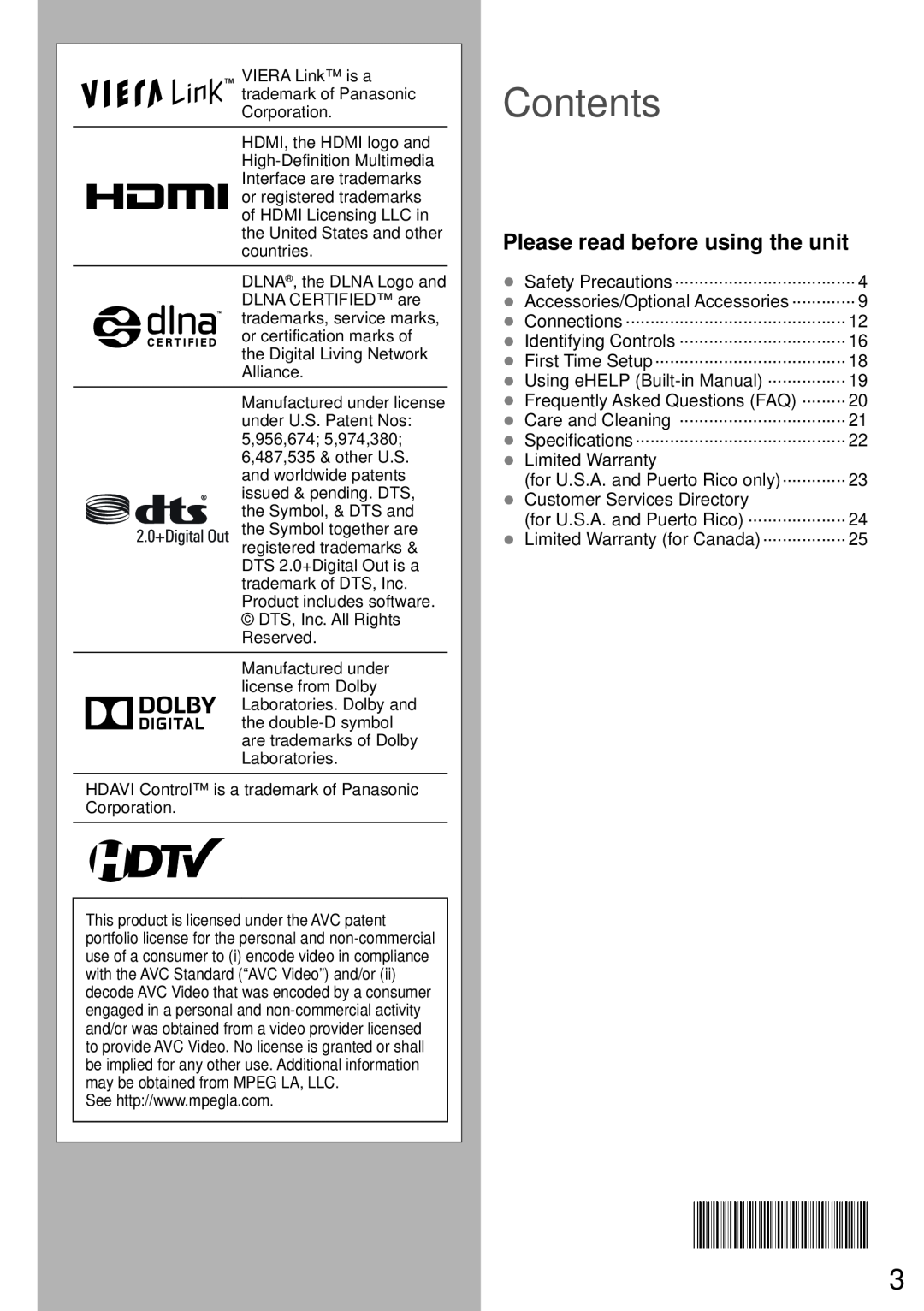 Panasonic TC-65PS64, TC-50PS64 owner manual Please read before using the unit, Contents 