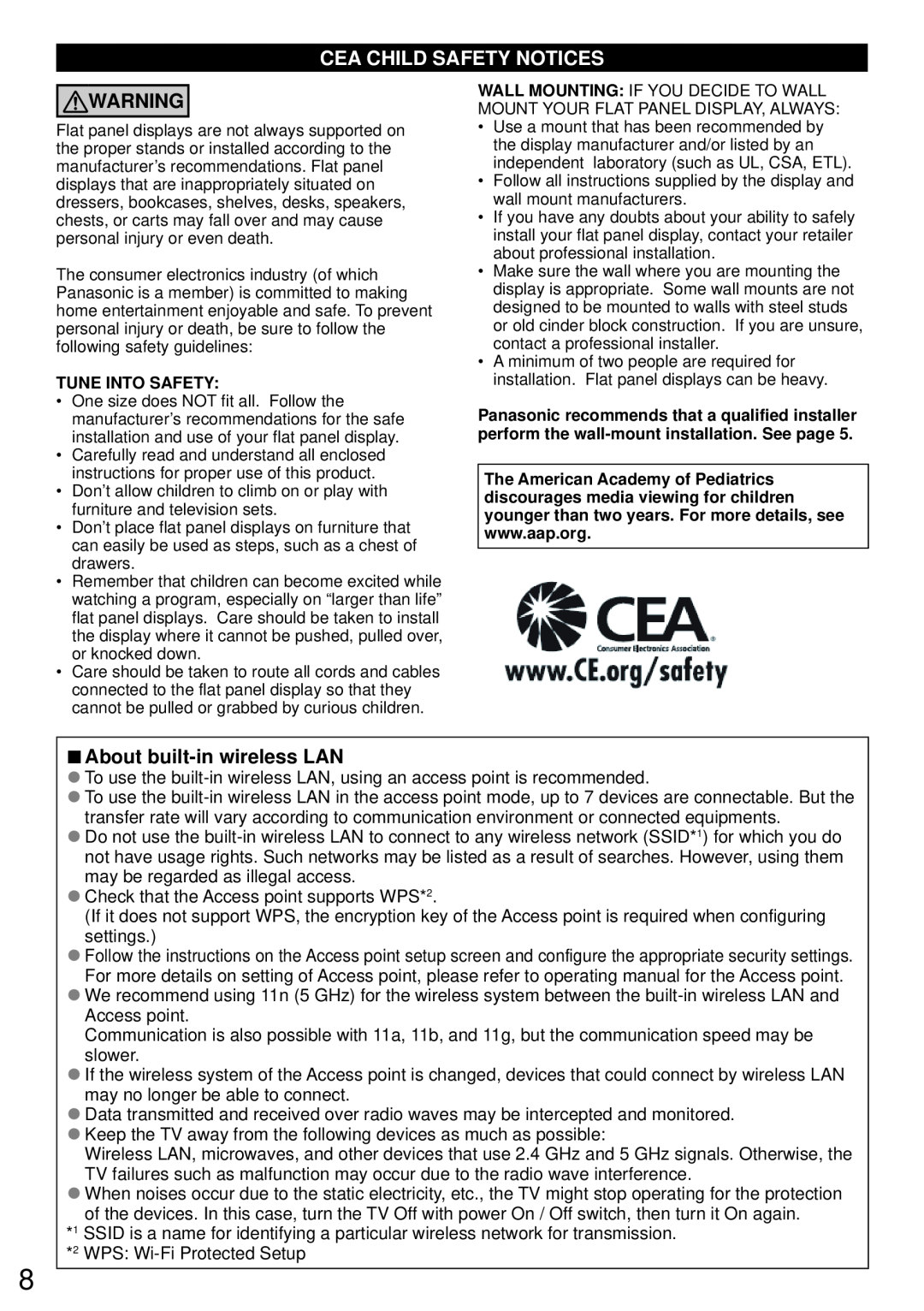 Panasonic TC-50PS64, TC-65PS64 owner manual Cea Child Safety Notices, About built-in wireless LAN 