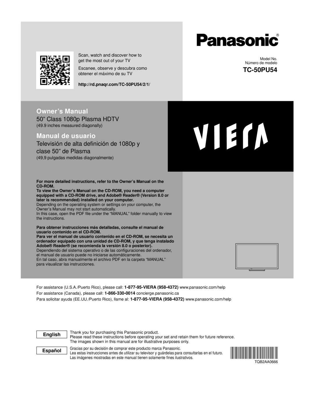 Panasonic TC-50PU54 owner manual Manual de usuario, English Español 