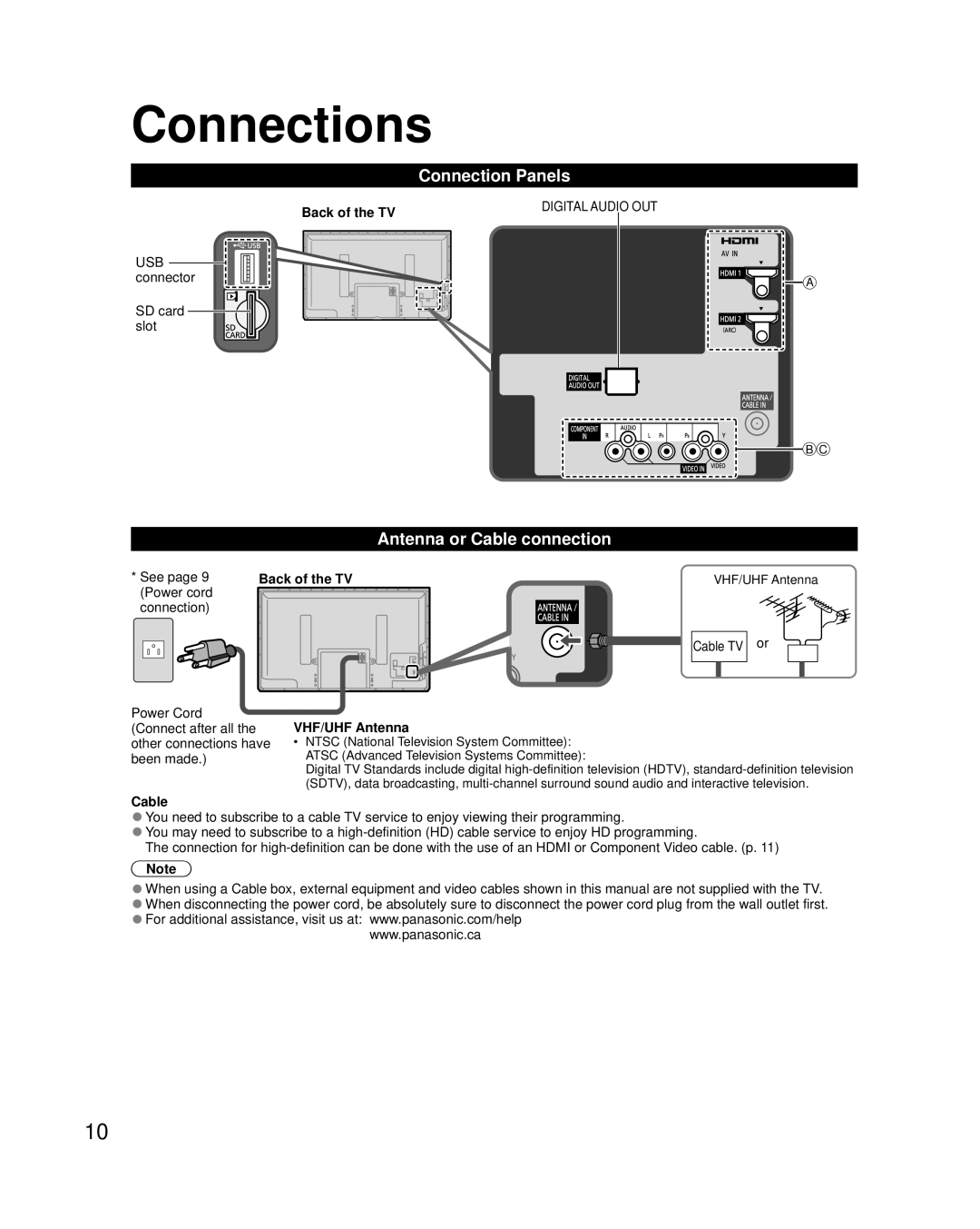 Panasonic TC-50PU54 owner manual Connections, Connection Panels, Antenna or Cable connection 