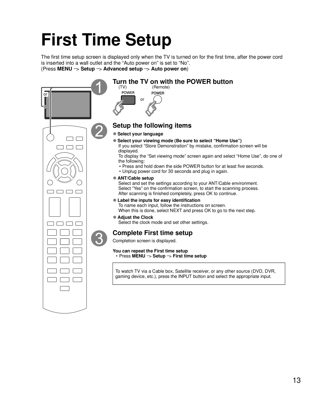 Panasonic TC-50PU54 owner manual First Time Setup, Press Menu --Setup --Advanced setup --Auto power on, ANT/Cable setup 