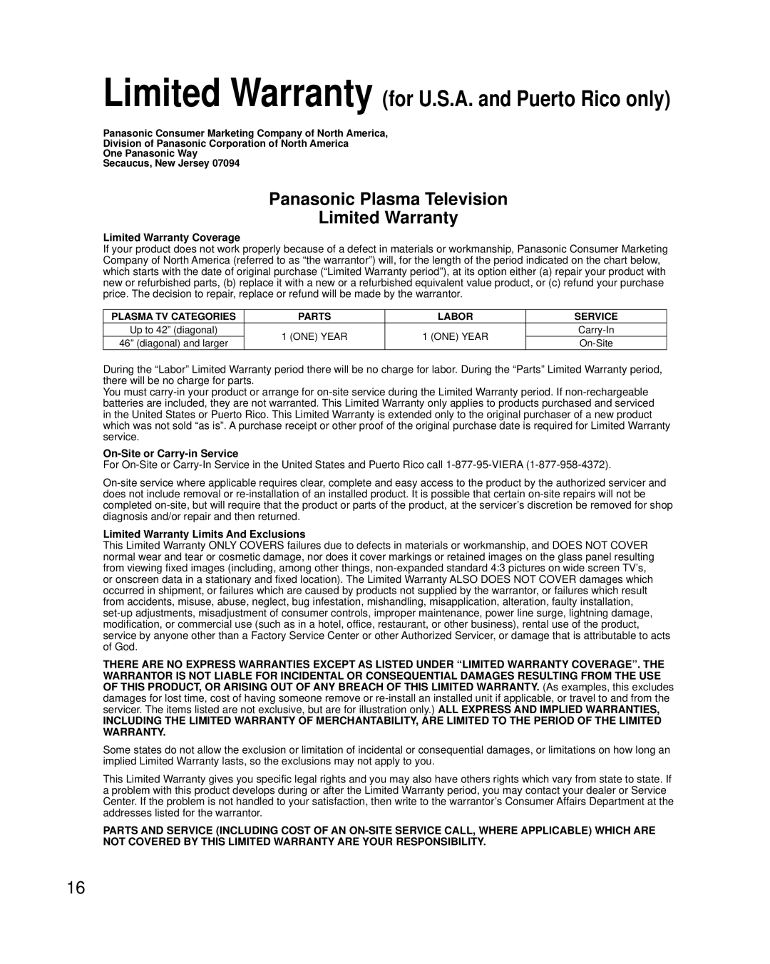 Panasonic TC-50PU54 Limited Warranty Coverage, On-Site or Carry-in Service, Limited Warranty Limits And Exclusions 