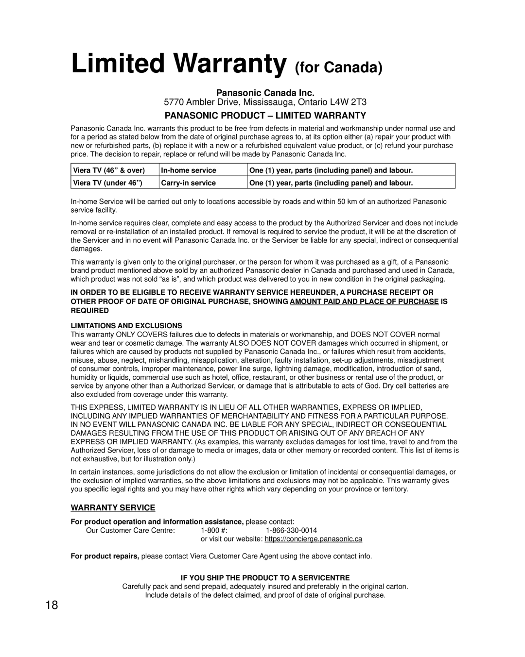 Panasonic TC-50PU54 owner manual Limited Warranty for Canada, Panasonic Product Limited Warranty 