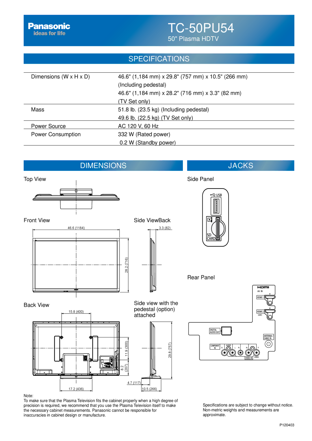 Panasonic TC-50PU54 owner manual 