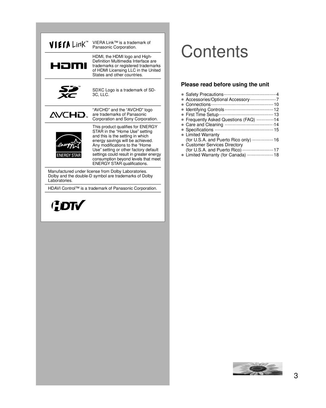 Panasonic TC-50PU54 owner manual Contents 