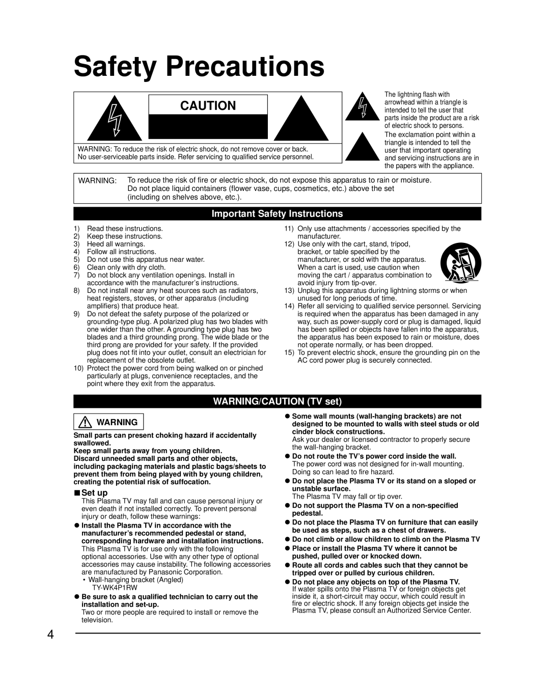 Panasonic TC-50PU54 owner manual Safety Precautions, Important Safety Instructions 