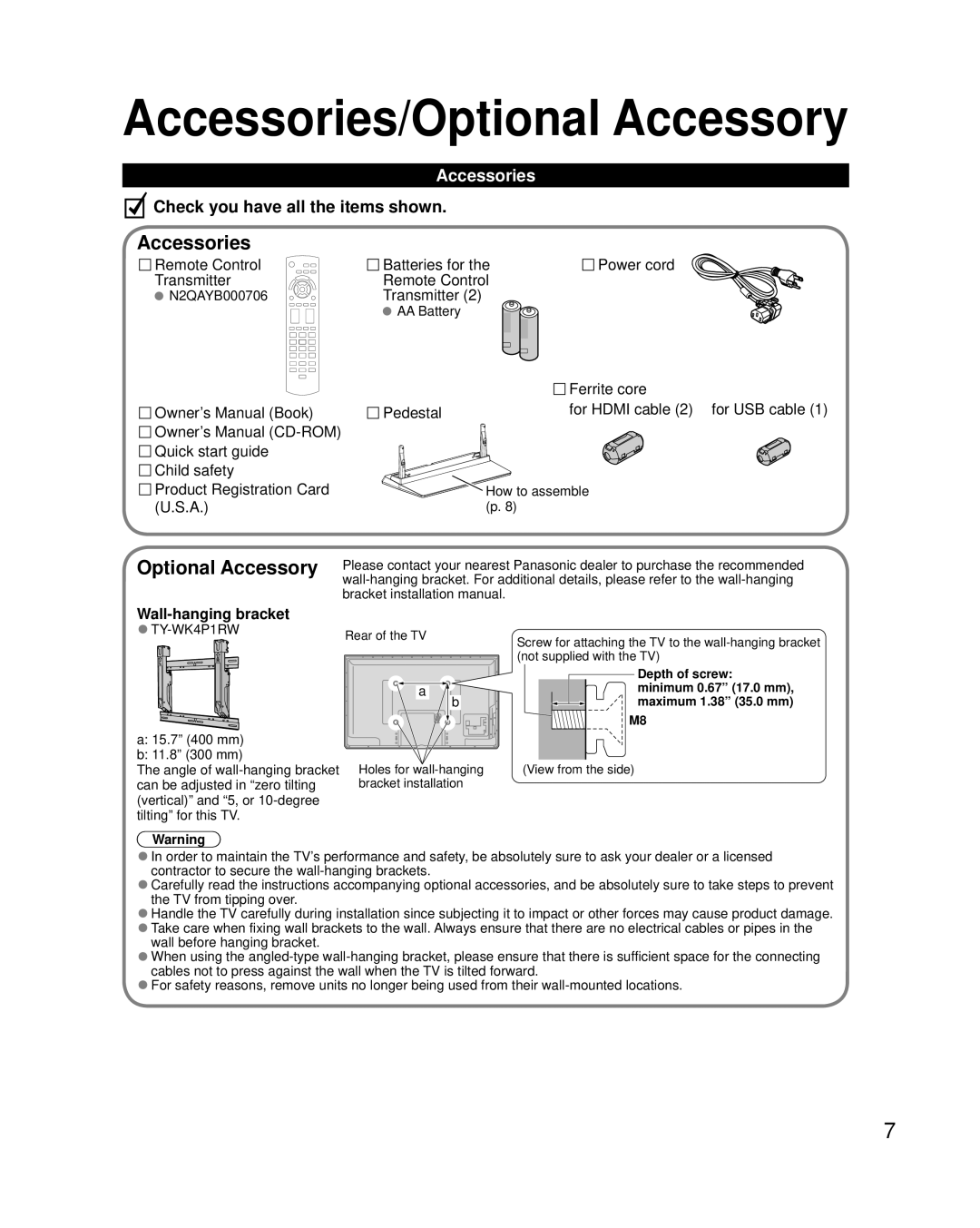 Panasonic TC-50PU54 owner manual Accessories/Optional Accessory, Wall-hanging bracket 