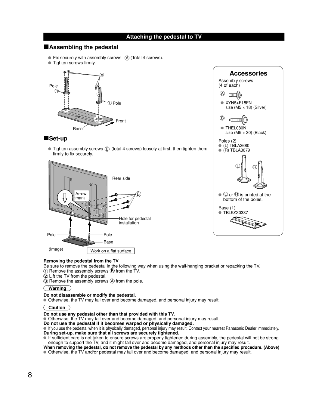 Panasonic TC-50PU54 owner manual Attaching the pedestal to TV, Removing the pedestal from the TV 