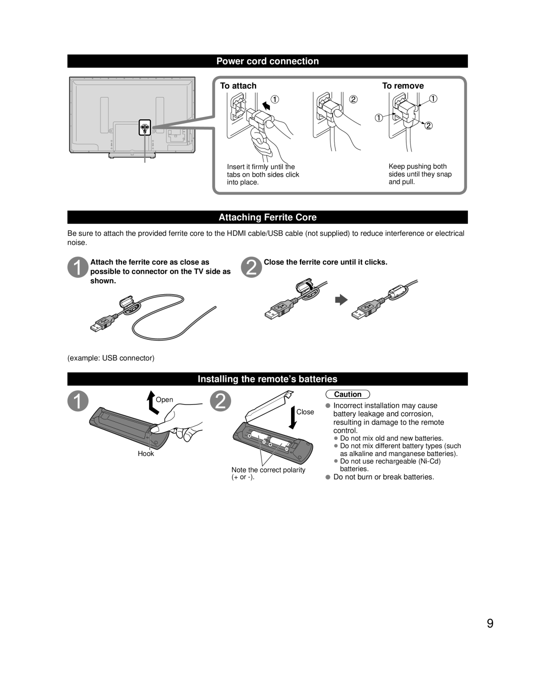 Panasonic TC-50PU54 Power cord connection, Attaching Ferrite Core, Installing the remote’s batteries, To attach To remove 