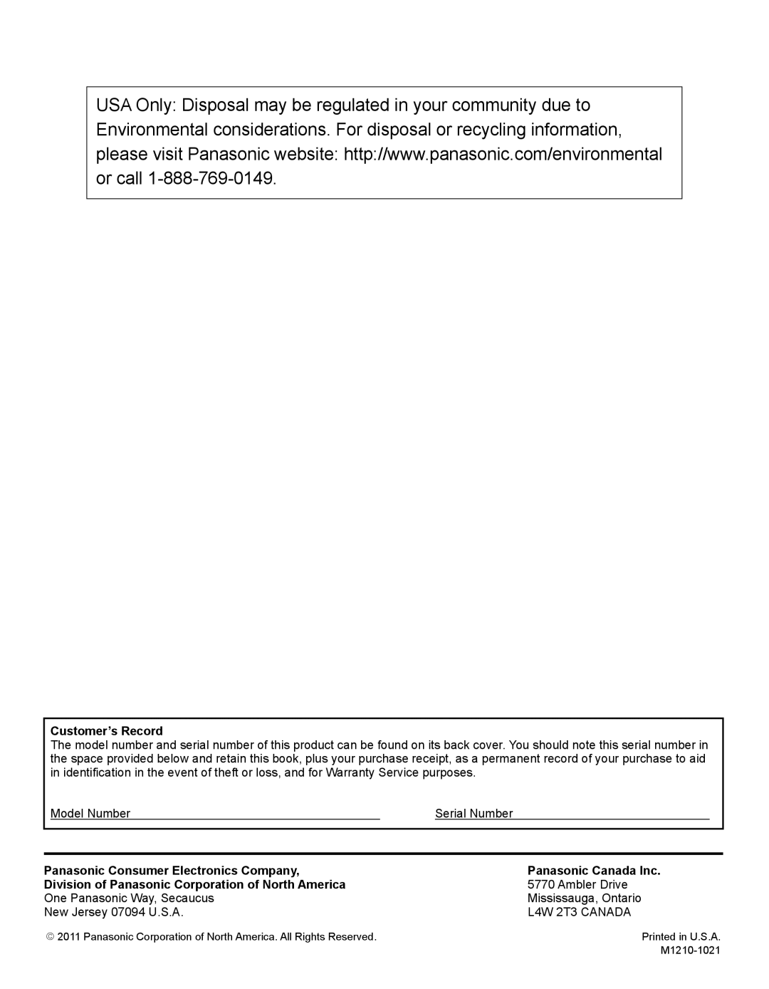 Panasonic TC-50PX34 warranty Customer’s Record, Ambler Drive 