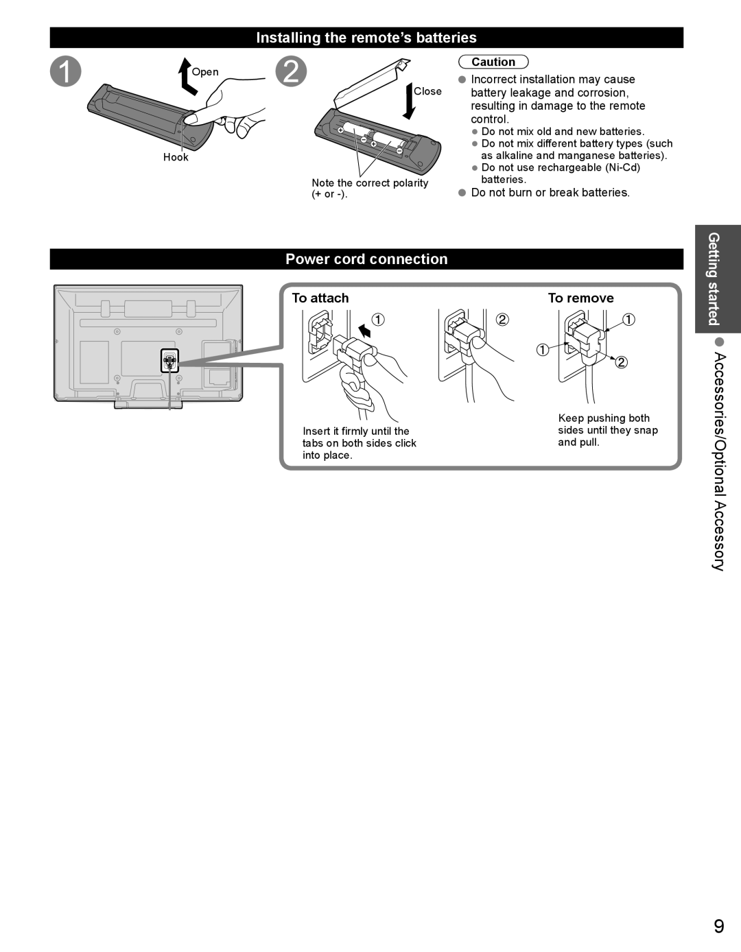 Panasonic TC-50PX34 Getting started Accessories/Optional Accessory, Installing the remote’s batteries, To attach To remove 