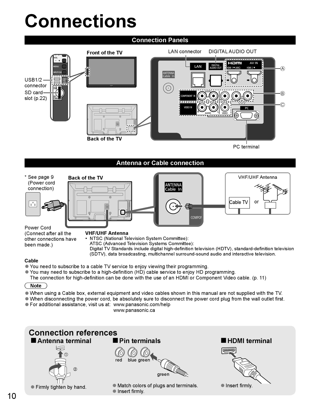 Panasonic TC-50PX34 warranty Connections, Connection Panels, Antenna or Cable connection 