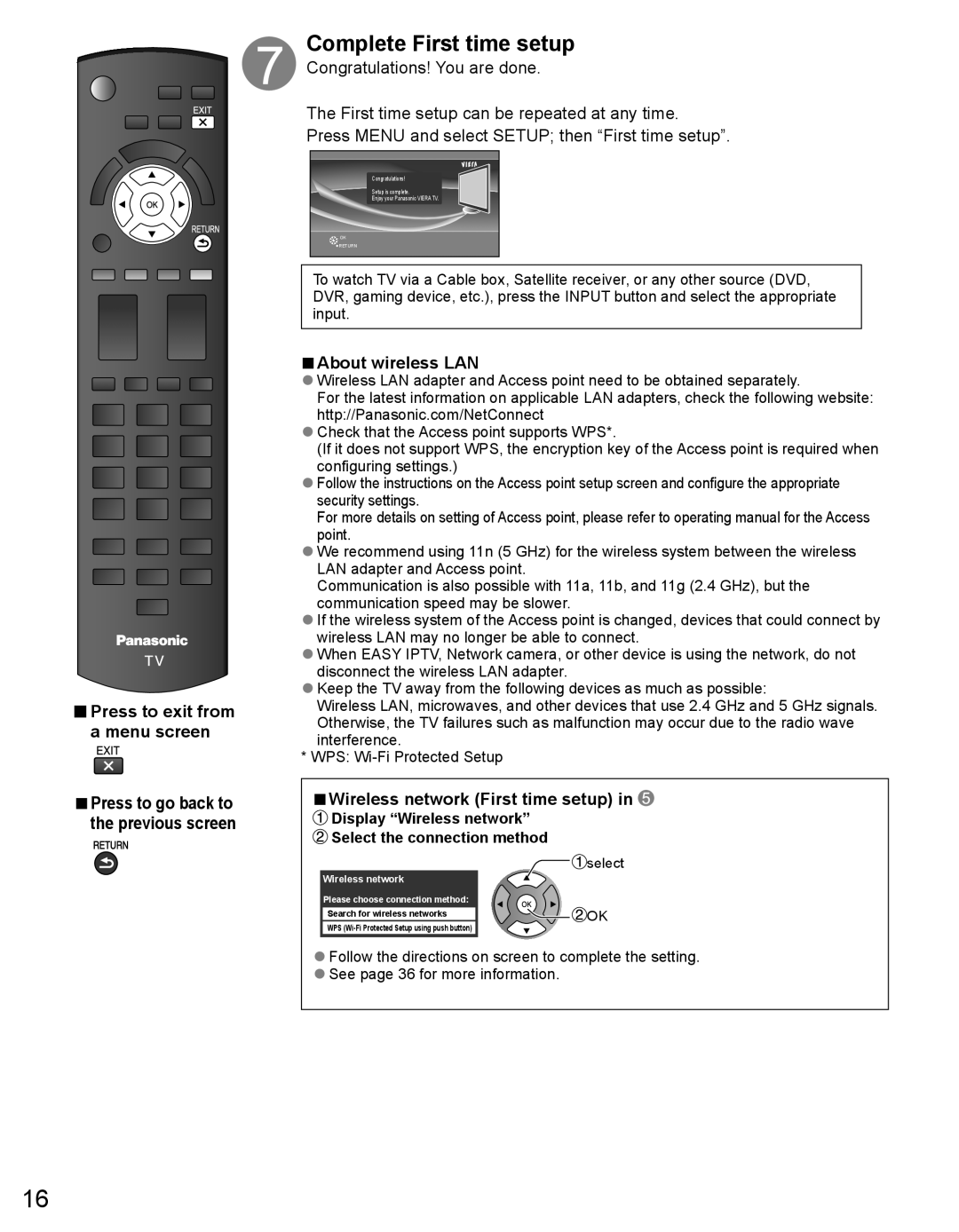 Panasonic TC-50PX34 warranty Complete First time setup, About wireless LAN, Wireless network First time setup 