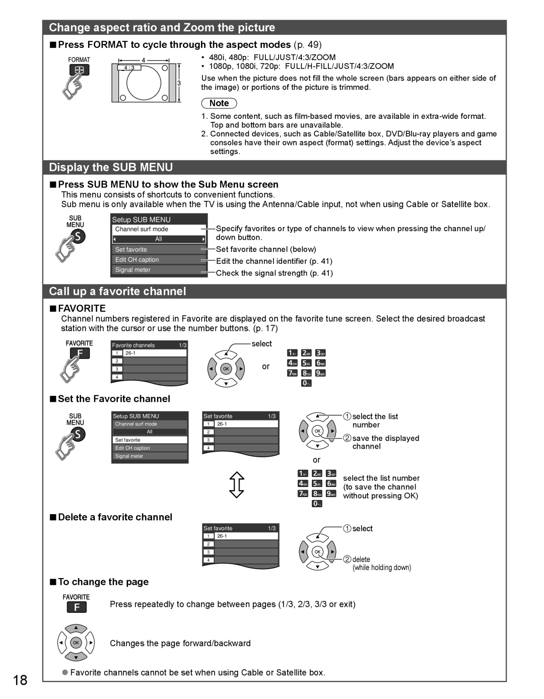 Panasonic TC-50PX34 warranty Change aspect ratio and Zoom the picture, Display the SUB Menu, Call up a favorite channel 