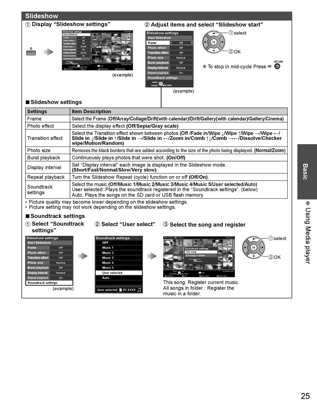 Panasonic TC-50PX34 warranty Slideshow settings, Soundtrack settings, Select the song and register 