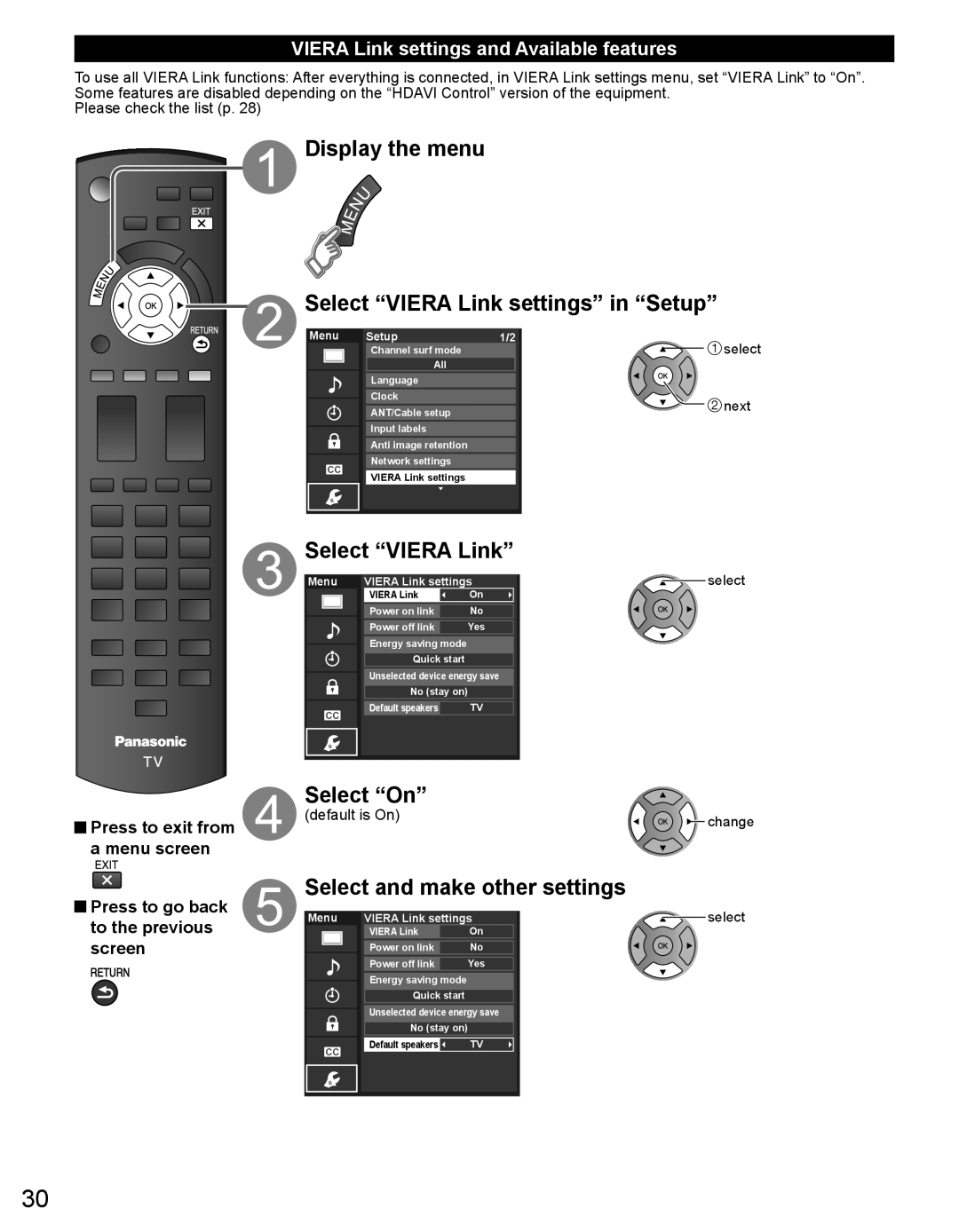 Panasonic TC-50PX34 Display the menu Select Viera Link settings in Setup, Viera Link settings and Available features 