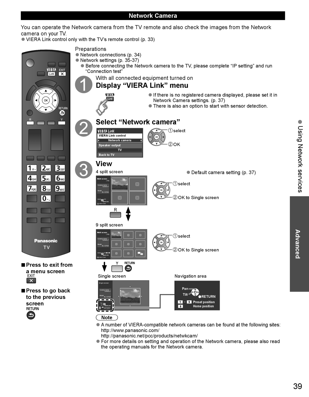 Panasonic TC-50PX34 View, Network Camera, Display Viera Link menu, Viera Link control only with the TV’s remote control p 