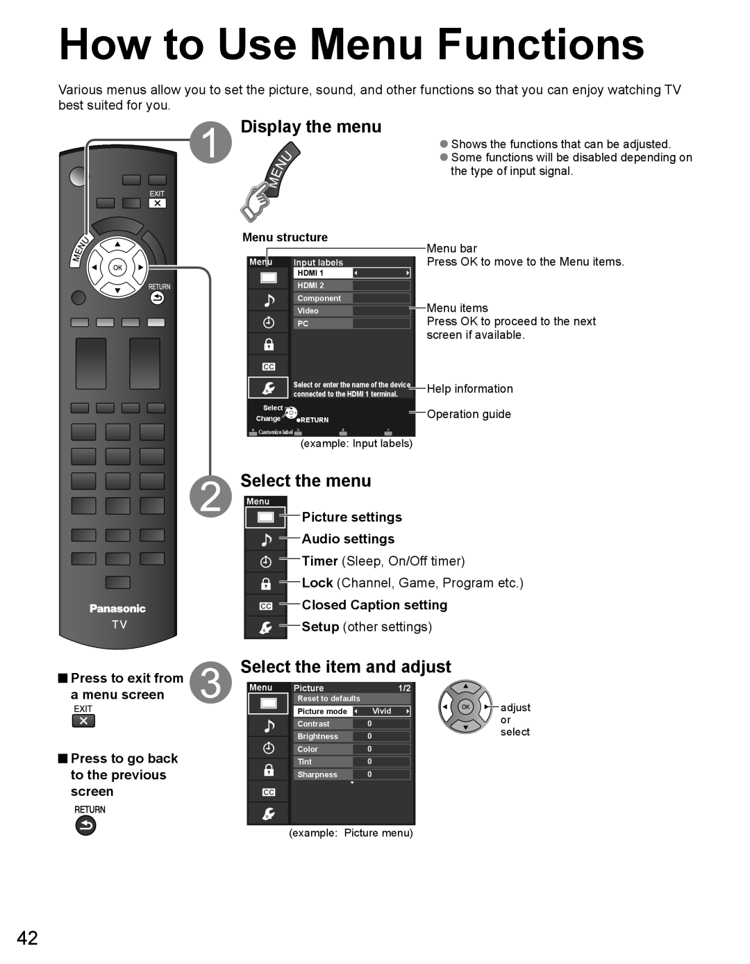 Panasonic TC-50PX34 warranty How to Use Menu Functions, Display the menu, Select the menu, Select the item and adjust 