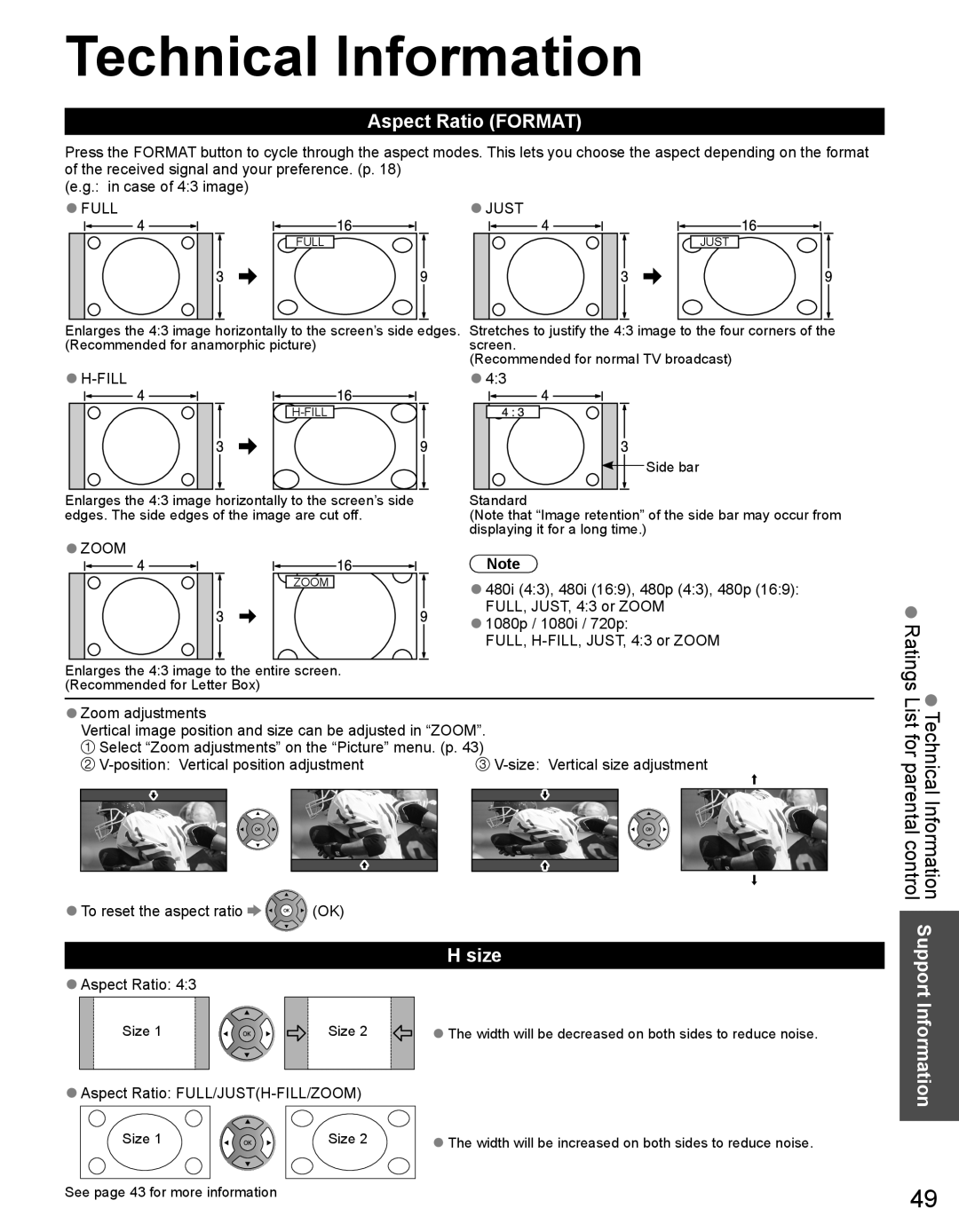 Panasonic TC-50PX34 warranty Technical Information, Aspect Ratio Format, Size, Aspect Ratio FULL/JUSTH-FILL/ZOOM 